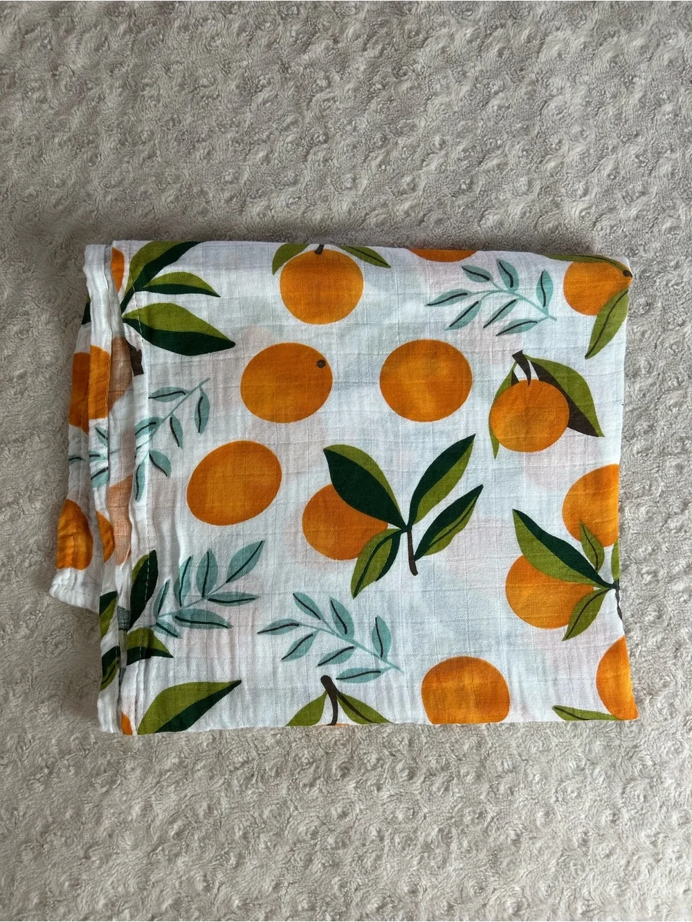 Oranges Baby Swaddle Blanket White Green Leaves Blue Muslin Citrus Fruit Leaf